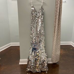 Jovani Silver Round Sequin Gown